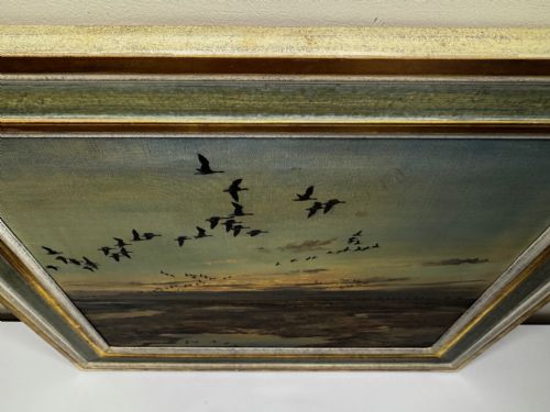 OIL PAINTING SKEIN BRENT GEESE FLYING OVER MARSH THE FENS HOLBEACH - ADDITIONAL PHOTO 4