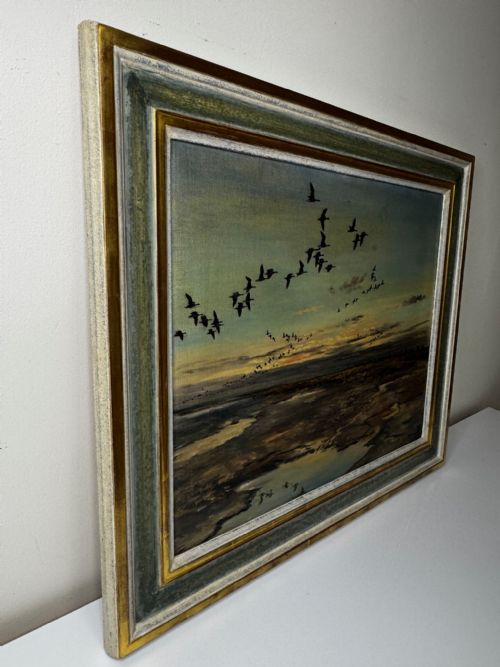 OIL PAINTING SKEIN BRENT GEESE FLYING OVER MARSH THE FENS HOLBEACH - ADDITIONAL PHOTO 7