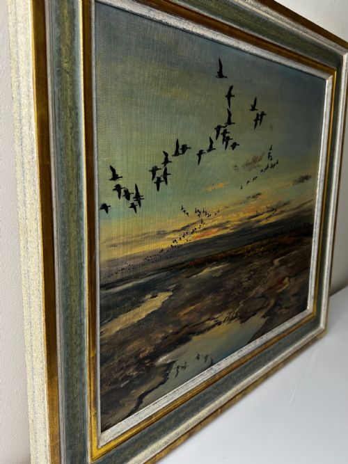 OIL PAINTING SKEIN BRENT GEESE FLYING OVER MARSH THE FENS HOLBEACH - ADDITIONAL PHOTO 8