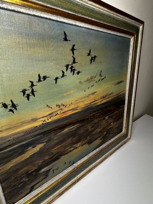 OIL PAINTING SKEIN BRENT GEESE FLYING OVER MARSH THE FENS HOLBEACH - ADDITIONAL PHOTO 9