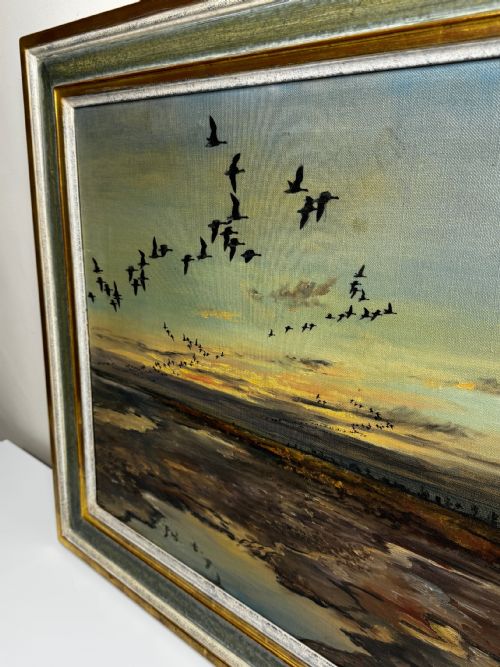 OIL PAINTING SKEIN BRENT GEESE FLYING OVER MARSH THE FENS HOLBEACH - ADDITIONAL PHOTO 11