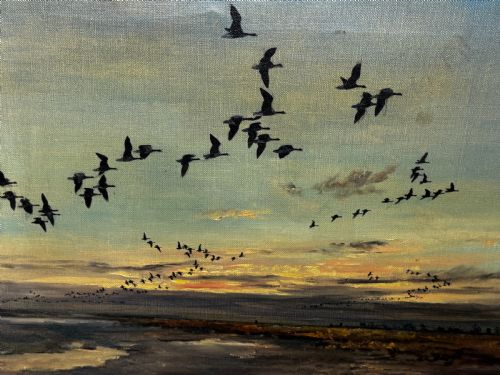 OIL PAINTING SKEIN BRENT GEESE FLYING OVER MARSH THE FENS HOLBEACH - ADDITIONAL PHOTO 13