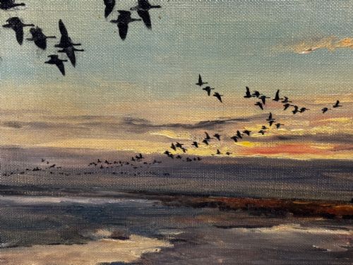 OIL PAINTING SKEIN BRENT GEESE FLYING OVER MARSH THE FENS HOLBEACH - ADDITIONAL PHOTO 14