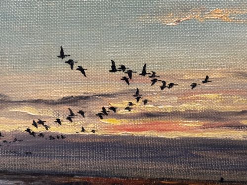 OIL PAINTING SKEIN BRENT GEESE FLYING OVER MARSH THE FENS HOLBEACH - ADDITIONAL PHOTO 15