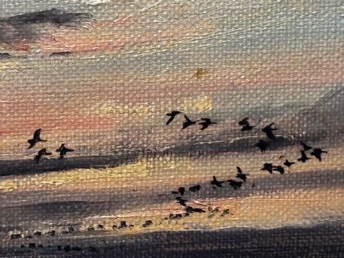 OIL PAINTING SKEIN BRENT GEESE FLYING OVER MARSH THE FENS HOLBEACH - ADDITIONAL PHOTO 18
