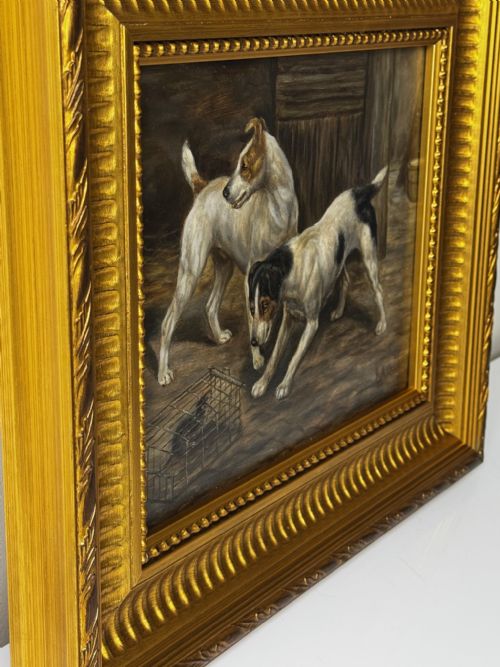 VICTORIAN PAINTING CAGED RAT TRAPPED JACK RUSSELL TERRIERS GUARDING - ADDITIONAL PHOTO 1