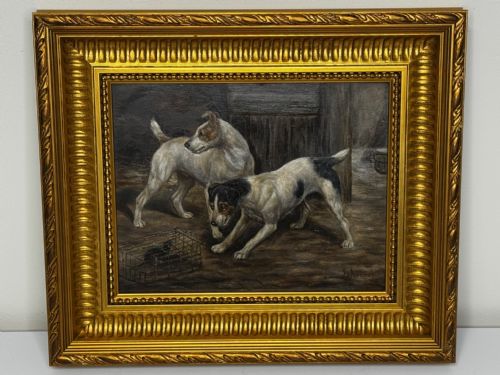 VICTORIAN PAINTING CAGED RAT TRAPPED JACK RUSSELL TERRIERS GUARDING - ADDITIONAL PHOTO 2