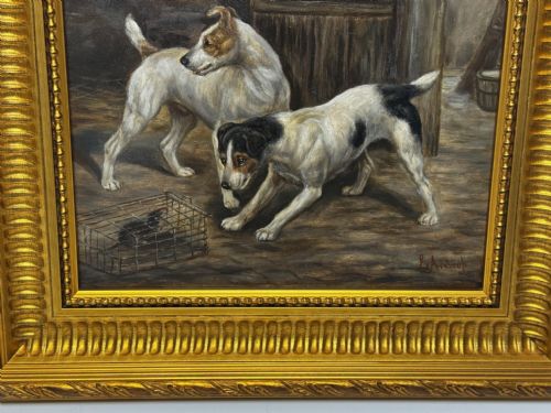VICTORIAN PAINTING CAGED RAT TRAPPED JACK RUSSELL TERRIERS GUARDING - ADDITIONAL PHOTO 6