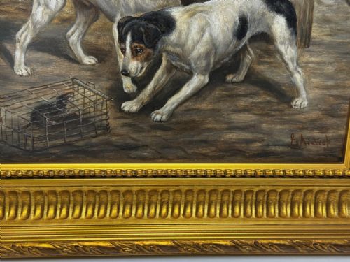 VICTORIAN PAINTING CAGED RAT TRAPPED JACK RUSSELL TERRIERS GUARDING - ADDITIONAL PHOTO 7