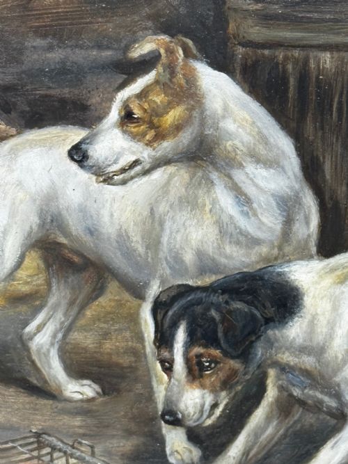 VICTORIAN PAINTING CAGED RAT TRAPPED JACK RUSSELL TERRIERS GUARDING - ADDITIONAL PHOTO 11