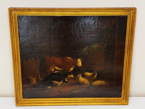 SHELTERING LIVESTOCK IN A BARN C1850 FOLLOWER OF THOMAS SIDNEY COOPER - ADDITIONAL PHOTO 1