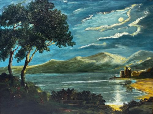 OIL PAINTING URQUHART CASTLE LOCH NESS IN MOONLIGHT AFTER JAMES BELL ANDERSON - ADDITIONAL PHOTO 3
