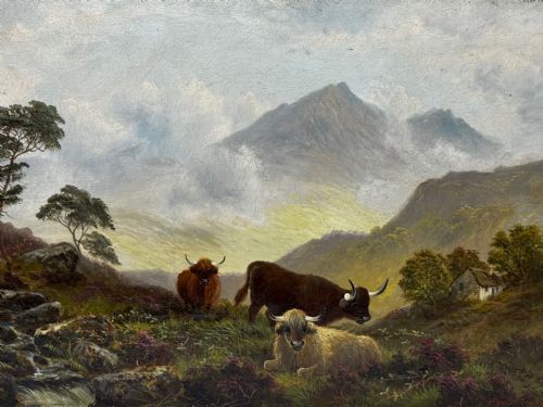 fig 2. A Victorian oil painting depicting three Highland cattle resting on a hillside in a misty Scottish mountain landscape, enclosed in a rectangular gilt frame.