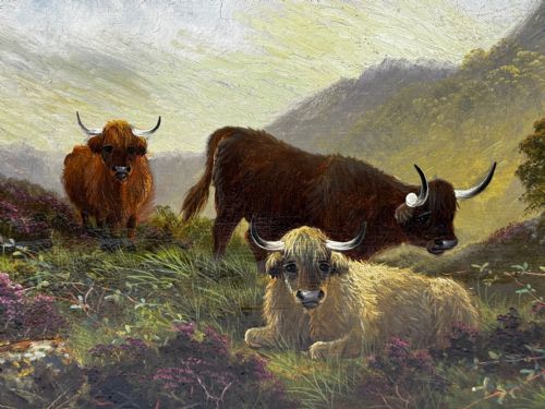 fig 4. A Victorian oil painting depicting three Highland cattle resting on a hillside in a misty Scottish mountain landscape, enclosed in a rectangular gilt frame.