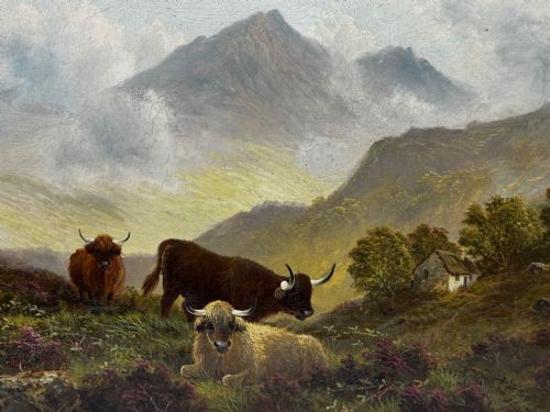 fig 6. A Victorian oil painting depicting three Highland cattle resting on a hillside in a misty Scottish mountain landscape, enclosed in a rectangular gilt frame.