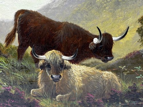 fig 8. A Victorian oil painting depicting three Highland cattle resting on a hillside in a misty Scottish mountain landscape, enclosed in a rectangular gilt frame.