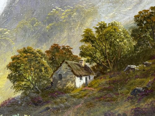 fig 10. A Victorian oil painting depicting three Highland cattle resting on a hillside in a misty Scottish mountain landscape, enclosed in a rectangular gilt frame.