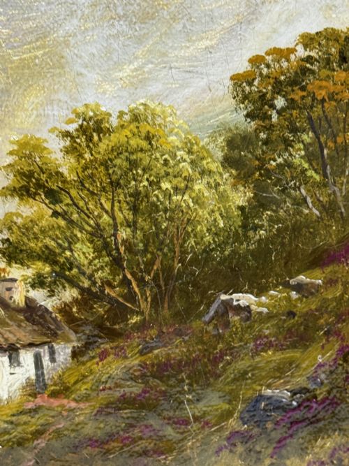 fig 12. A Victorian oil painting depicting three Highland cattle resting on a hillside in a misty Scottish mountain landscape, enclosed in a rectangular gilt frame.