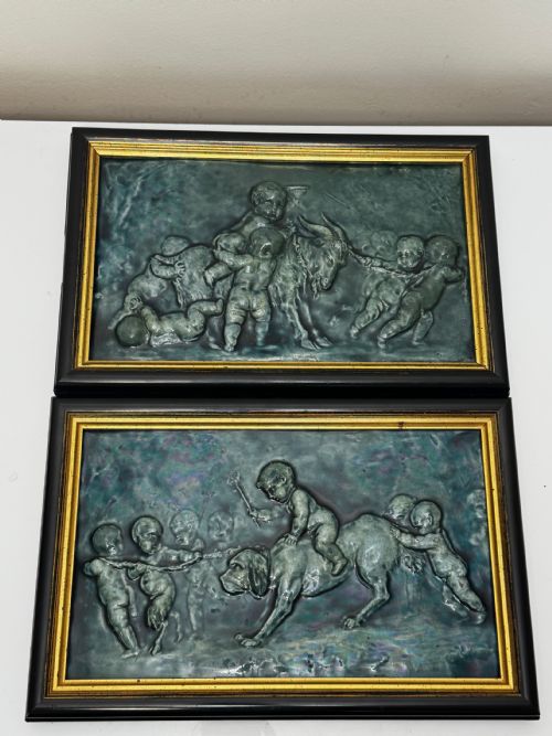 PAIR ARTS CRAFTS TURQUOISE RELIEF PLAQUES AFTER CLODION CHILDREN WITH DOG CHILDREN WITH GOAT C1909ATTRIBUTED TO REGINALD ROBERT TOMLINSON 18851978 - ADDITIONAL PHOTO 2