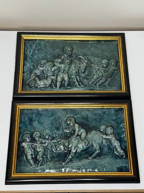 PAIR ARTS CRAFTS TURQUOISE RELIEF PLAQUES AFTER CLODION CHILDREN WITH DOG CHILDREN WITH GOAT C1909ATTRIBUTED TO REGINALD ROBERT TOMLINSON 18851978 - ADDITIONAL PHOTO 5