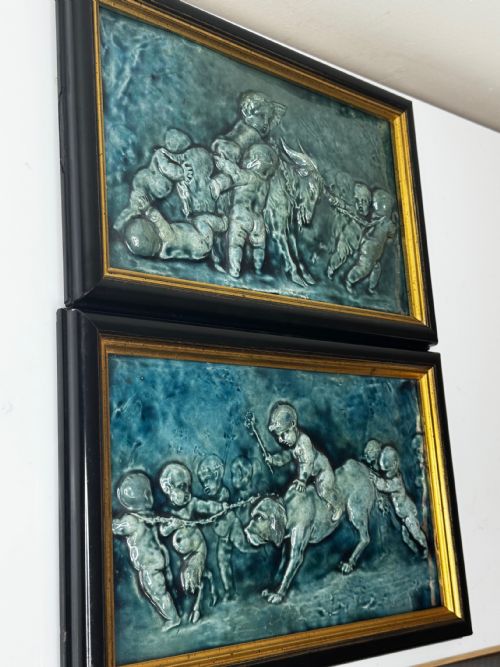 PAIR ARTS CRAFTS TURQUOISE RELIEF PLAQUES AFTER CLODION CHILDREN WITH DOG CHILDREN WITH GOAT C1909ATTRIBUTED TO REGINALD ROBERT TOMLINSON 18851978 - ADDITIONAL PHOTO 7