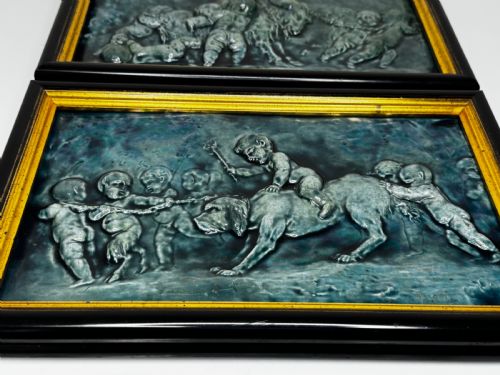 PAIR ARTS CRAFTS TURQUOISE RELIEF PLAQUES AFTER CLODION CHILDREN WITH DOG CHILDREN WITH GOAT C1909ATTRIBUTED TO REGINALD ROBERT TOMLINSON 18851978 - ADDITIONAL PHOTO 8