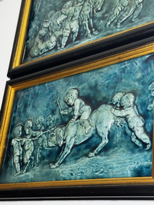 PAIR ARTS CRAFTS TURQUOISE RELIEF PLAQUES AFTER CLODION CHILDREN WITH DOG CHILDREN WITH GOAT C1909ATTRIBUTED TO REGINALD ROBERT TOMLINSON 18851978 - ADDITIONAL PHOTO 10