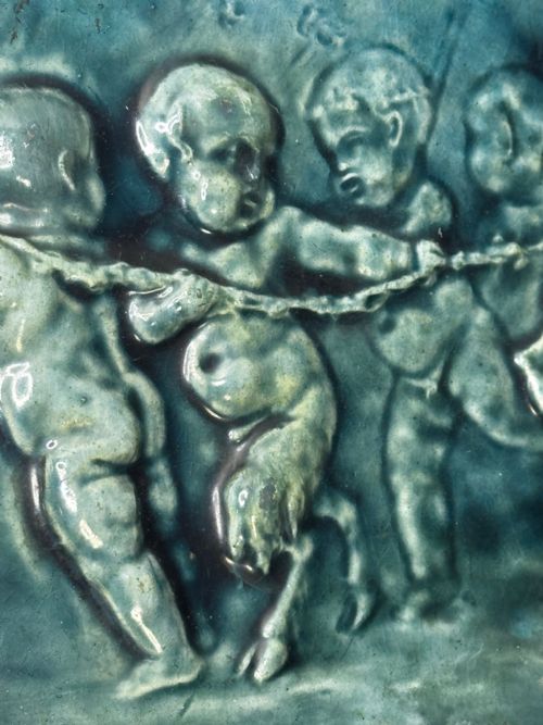 PAIR ARTS CRAFTS TURQUOISE RELIEF PLAQUES AFTER CLODION CHILDREN WITH DOG CHILDREN WITH GOAT C1909ATTRIBUTED TO REGINALD ROBERT TOMLINSON 18851978 - ADDITIONAL PHOTO 11