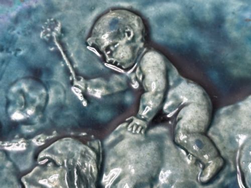PAIR ARTS CRAFTS TURQUOISE RELIEF PLAQUES AFTER CLODION CHILDREN WITH DOG CHILDREN WITH GOAT C1909ATTRIBUTED TO REGINALD ROBERT TOMLINSON 18851978 - ADDITIONAL PHOTO 13