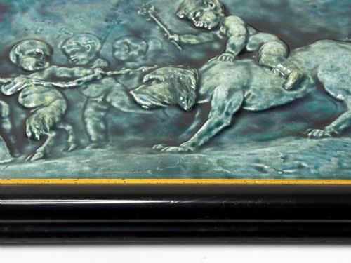 PAIR ARTS CRAFTS TURQUOISE RELIEF PLAQUES AFTER CLODION CHILDREN WITH DOG CHILDREN WITH GOAT C1909ATTRIBUTED TO REGINALD ROBERT TOMLINSON 18851978 - ADDITIONAL PHOTO 15