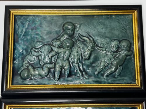 PAIR ARTS CRAFTS TURQUOISE RELIEF PLAQUES AFTER CLODION CHILDREN WITH DOG CHILDREN WITH GOAT C1909ATTRIBUTED TO REGINALD ROBERT TOMLINSON 18851978 - ADDITIONAL PHOTO 16