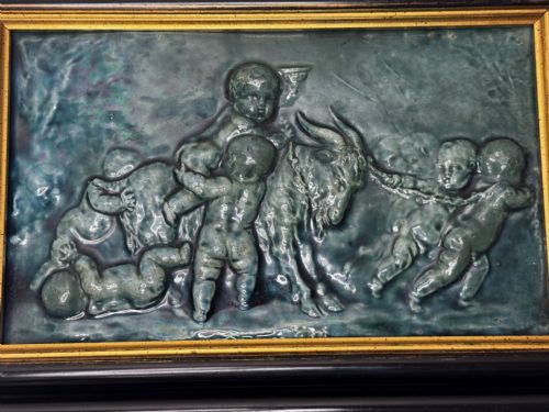 PAIR ARTS CRAFTS TURQUOISE RELIEF PLAQUES AFTER CLODION CHILDREN WITH DOG CHILDREN WITH GOAT C1909ATTRIBUTED TO REGINALD ROBERT TOMLINSON 18851978 - ADDITIONAL PHOTO 17
