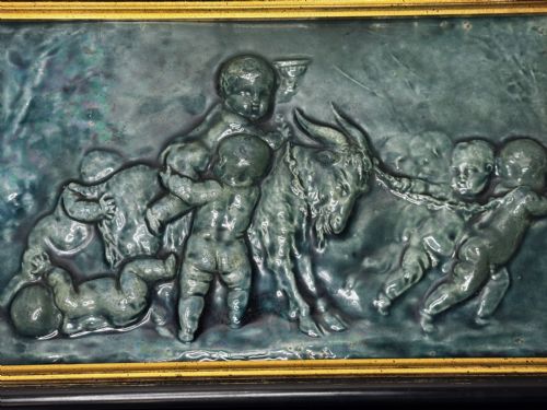 PAIR ARTS CRAFTS TURQUOISE RELIEF PLAQUES AFTER CLODION CHILDREN WITH DOG CHILDREN WITH GOAT C1909ATTRIBUTED TO REGINALD ROBERT TOMLINSON 18851978 - ADDITIONAL PHOTO 18