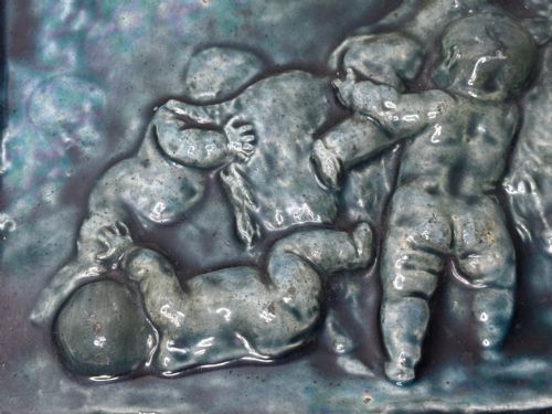 PAIR ARTS CRAFTS TURQUOISE RELIEF PLAQUES AFTER CLODION CHILDREN WITH DOG CHILDREN WITH GOAT C1909ATTRIBUTED TO REGINALD ROBERT TOMLINSON 18851978 - ADDITIONAL PHOTO 19