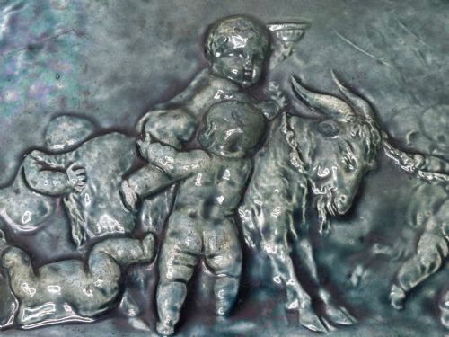 PAIR ARTS CRAFTS TURQUOISE RELIEF PLAQUES AFTER CLODION CHILDREN WITH DOG CHILDREN WITH GOAT C1909ATTRIBUTED TO REGINALD ROBERT TOMLINSON 18851978 - ADDITIONAL PHOTO 20
