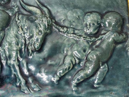 PAIR ARTS CRAFTS TURQUOISE RELIEF PLAQUES AFTER CLODION CHILDREN WITH DOG CHILDREN WITH GOAT C1909ATTRIBUTED TO REGINALD ROBERT TOMLINSON 18851978 - ADDITIONAL PHOTO 21