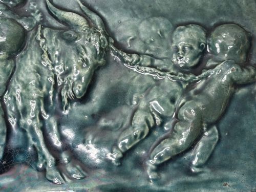 PAIR ARTS CRAFTS TURQUOISE RELIEF PLAQUES AFTER CLODION CHILDREN WITH DOG CHILDREN WITH GOAT C1909ATTRIBUTED TO REGINALD ROBERT TOMLINSON 18851978 - ADDITIONAL PHOTO 22