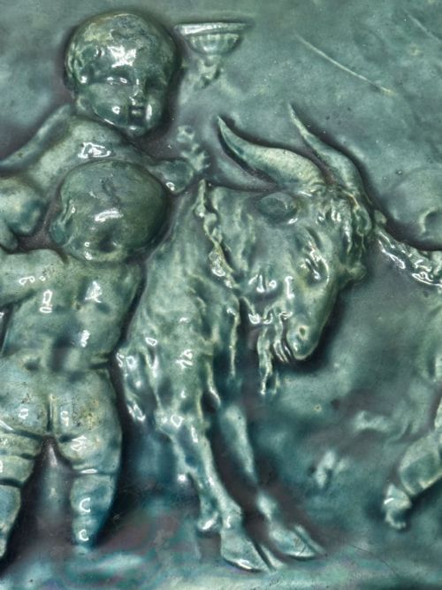 PAIR ARTS CRAFTS TURQUOISE RELIEF PLAQUES AFTER CLODION CHILDREN WITH DOG CHILDREN WITH GOAT C1909ATTRIBUTED TO REGINALD ROBERT TOMLINSON 18851978 - ADDITIONAL PHOTO 23