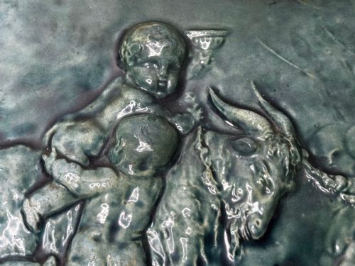 PAIR ARTS CRAFTS TURQUOISE RELIEF PLAQUES AFTER CLODION CHILDREN WITH DOG CHILDREN WITH GOAT C1909ATTRIBUTED TO REGINALD ROBERT TOMLINSON 18851978 - ADDITIONAL PHOTO 26