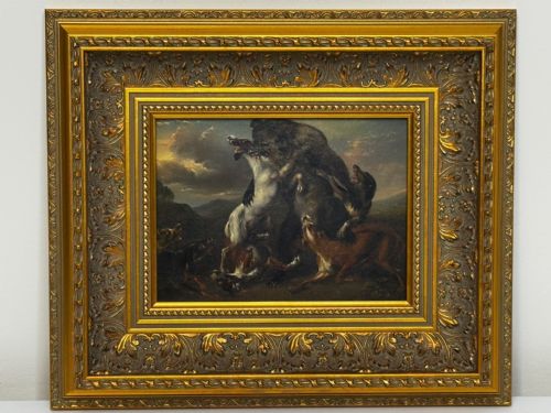 OIL PAINTING 19TH CENTURY DEFIANCE AT BAY BEAR AND HOUNDS IN COMBAT - ADDITIONAL PHOTO 1