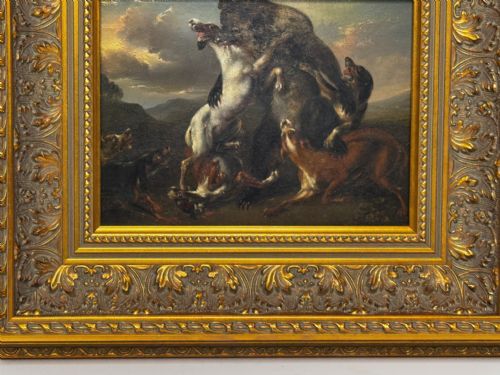 OIL PAINTING 19TH CENTURY DEFIANCE AT BAY BEAR AND HOUNDS IN COMBAT - ADDITIONAL PHOTO 4
