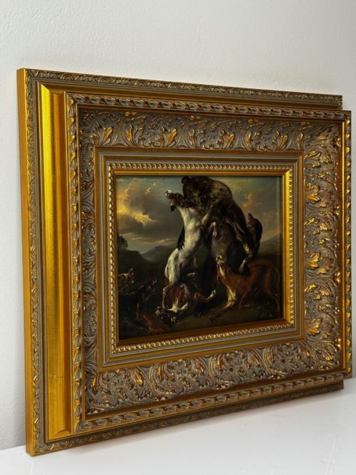 OIL PAINTING 19TH CENTURY DEFIANCE AT BAY BEAR AND HOUNDS IN COMBAT - ADDITIONAL PHOTO 5