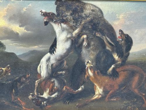 OIL PAINTING 19TH CENTURY DEFIANCE AT BAY BEAR AND HOUNDS IN COMBAT - ADDITIONAL PHOTO 16