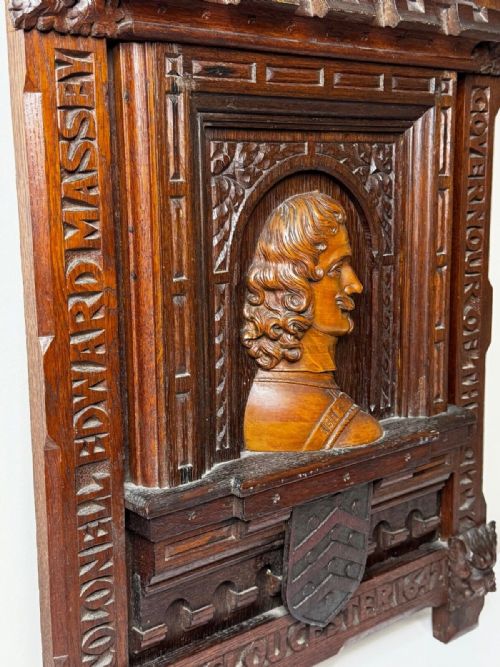 GOTHIC REVIVAL OAK FRUITWOOD PORTRAIT PLAQUE OF COLONEL SIR EDWARD MASSEY - ADDITIONAL PHOTO 10