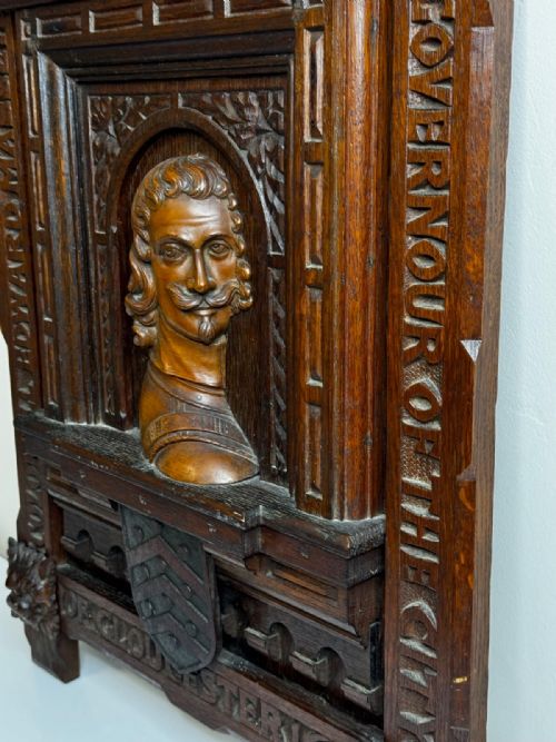GOTHIC REVIVAL OAK FRUITWOOD PORTRAIT PLAQUE OF COLONEL SIR EDWARD MASSEY - ADDITIONAL PHOTO 13