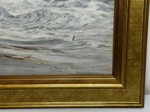 PAINTING SHIP WRECK HIGH TIDE OFF TREBARWITH STRAND BY CHARLES SIM MOTTRAM RBA - ADDITIONAL PHOTO 5