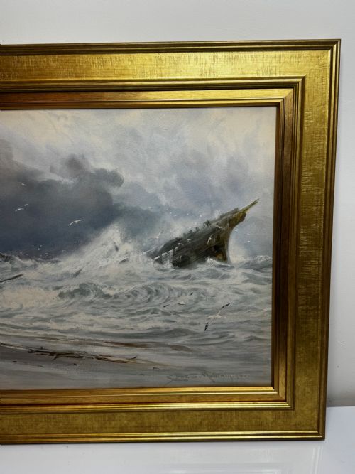 PAINTING SHIP WRECK HIGH TIDE OFF TREBARWITH STRAND BY CHARLES SIM MOTTRAM RBA - ADDITIONAL PHOTO 6