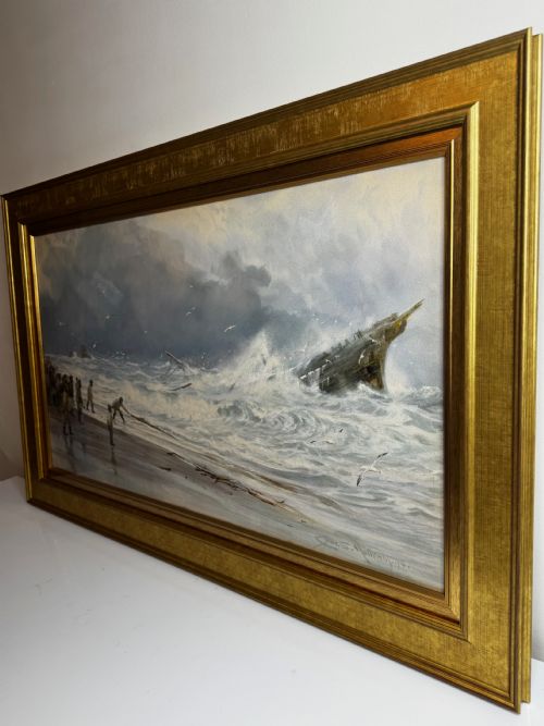 PAINTING SHIP WRECK HIGH TIDE OFF TREBARWITH STRAND BY CHARLES SIM MOTTRAM RBA - ADDITIONAL PHOTO 13