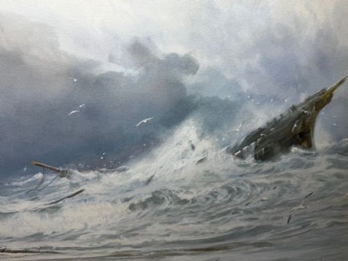 PAINTING SHIP WRECK HIGH TIDE OFF TREBARWITH STRAND BY CHARLES SIM MOTTRAM RBA - ADDITIONAL PHOTO 17