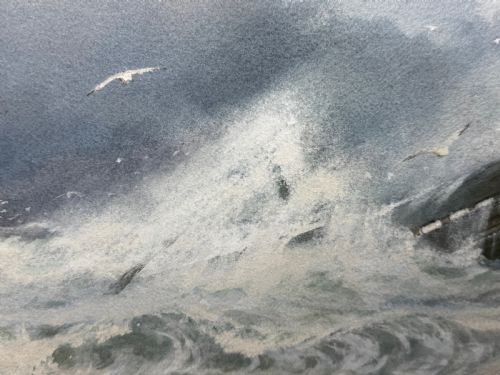 PAINTING SHIP WRECK HIGH TIDE OFF TREBARWITH STRAND BY CHARLES SIM MOTTRAM RBA - ADDITIONAL PHOTO 19